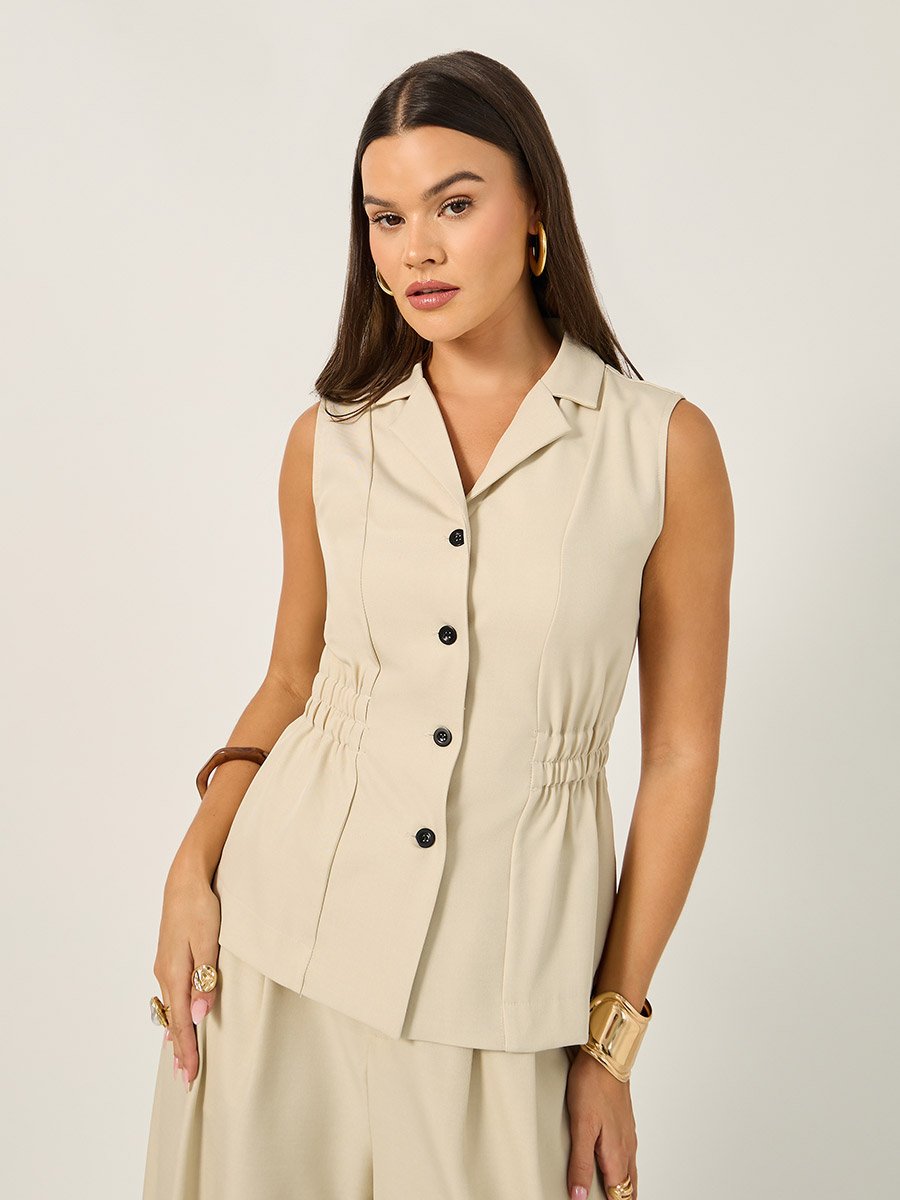 Solid Notch Lapel Waistcoat with Elasticated Waist Detail