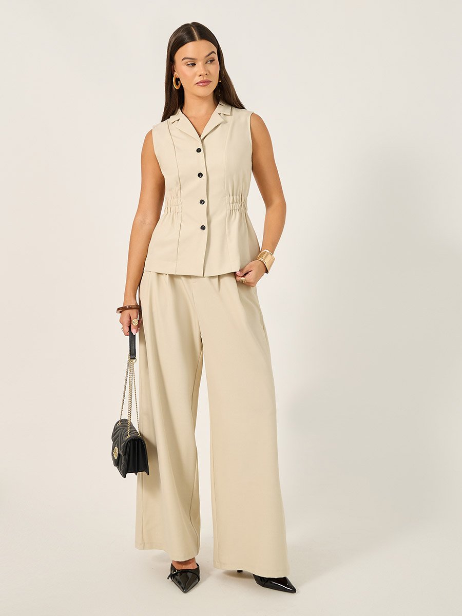 Solid Notch Lapel Waistcoat with Elasticated Waist Detail