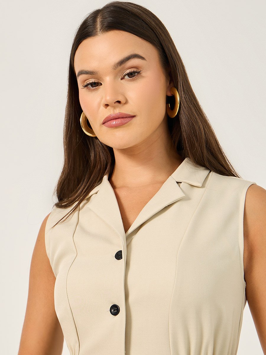 Solid Notch Lapel Waistcoat with Elasticated Waist Detail
