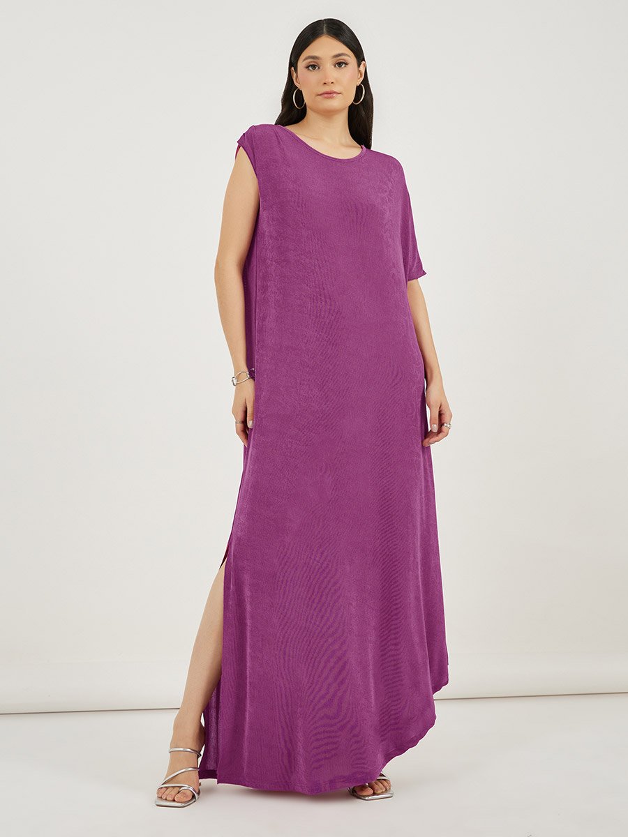 Texture Knit Side Slit Shift Maxi Dress