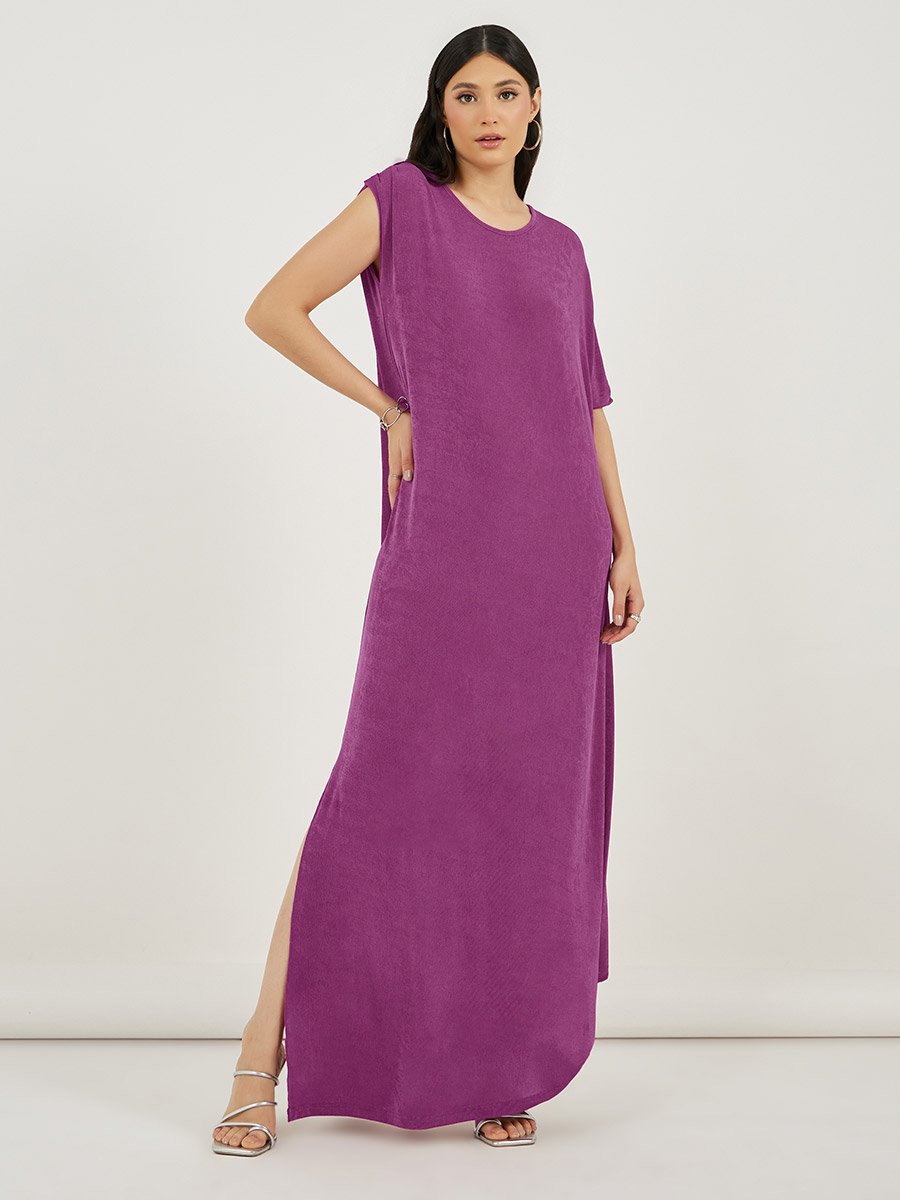 Texture Knit Side Slit Shift Maxi Dress