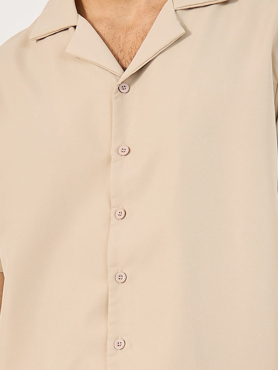 Solid Woven Short Sleeve Collared Shirt and Shorts Set