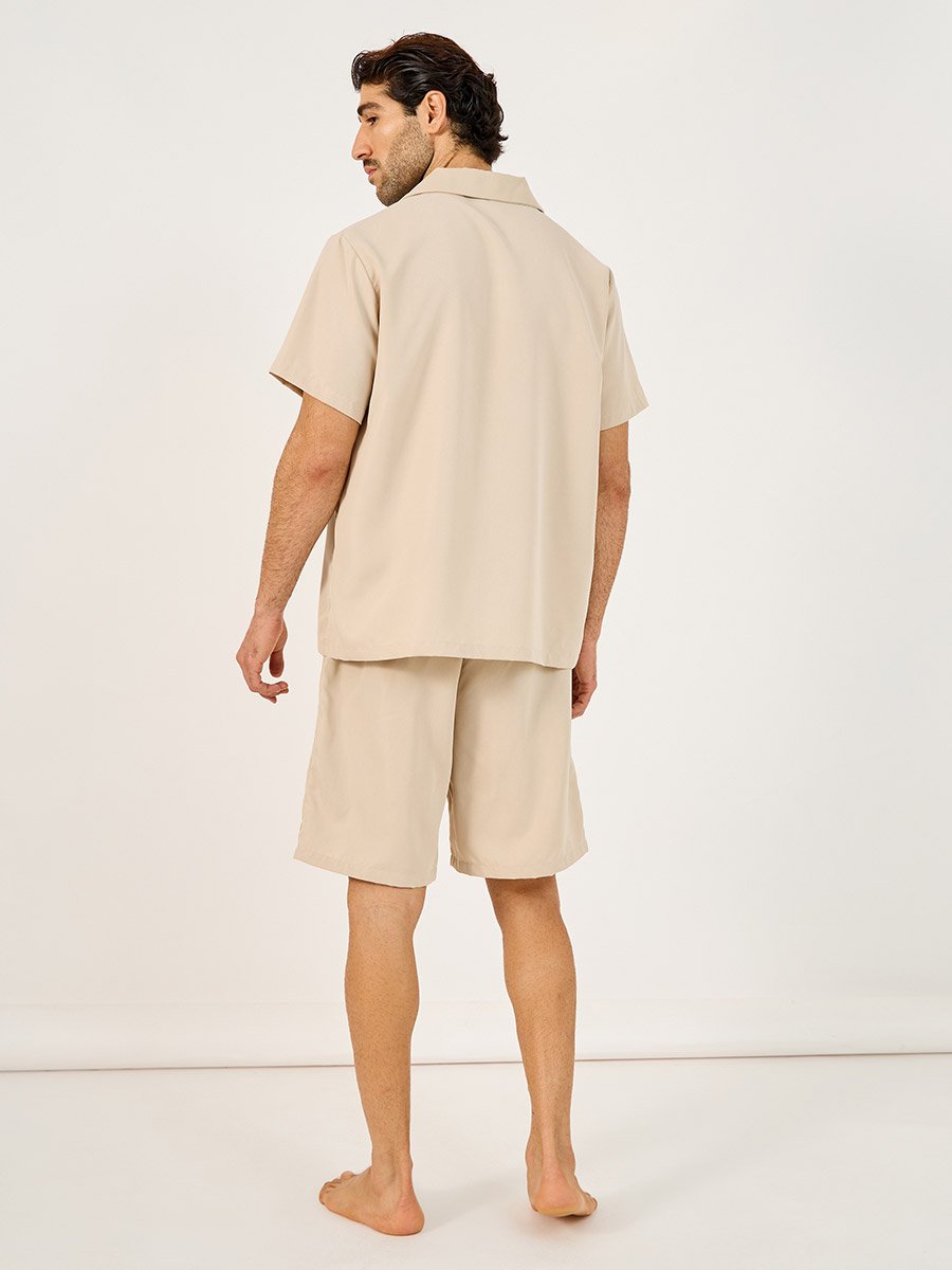 Solid Woven Short Sleeve Collared Shirt and Shorts Set
