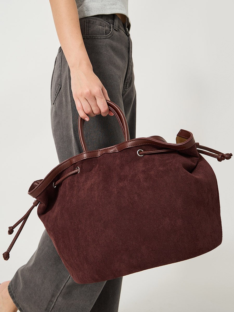 Velvet Look Eyelet Tote Bag with Side Drawstrings