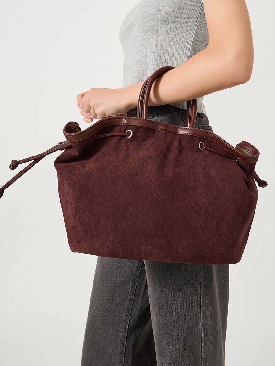 Velvet Look Eyelet Tote Bag with Side Drawstrings