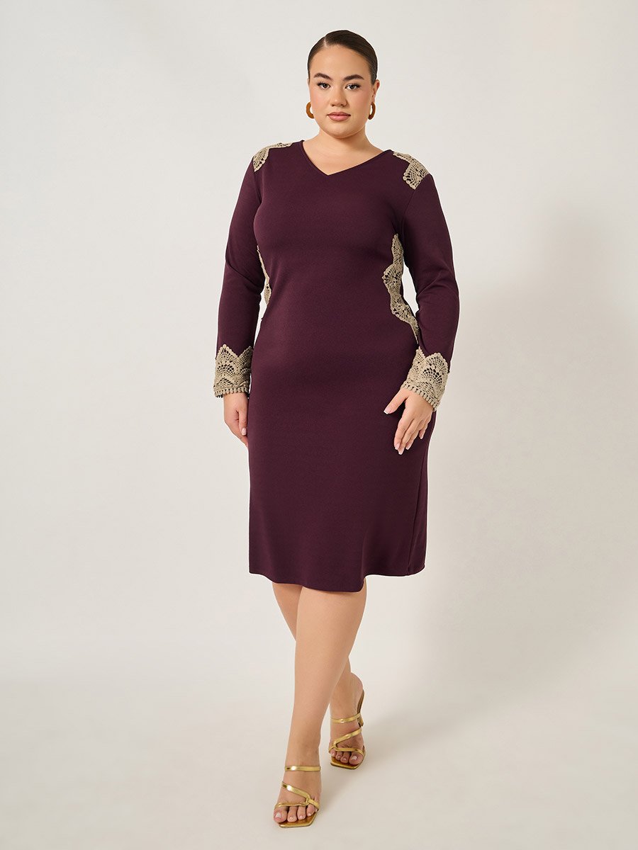 Plus Size Lace Insert V Neck Bodycon Midi Dress