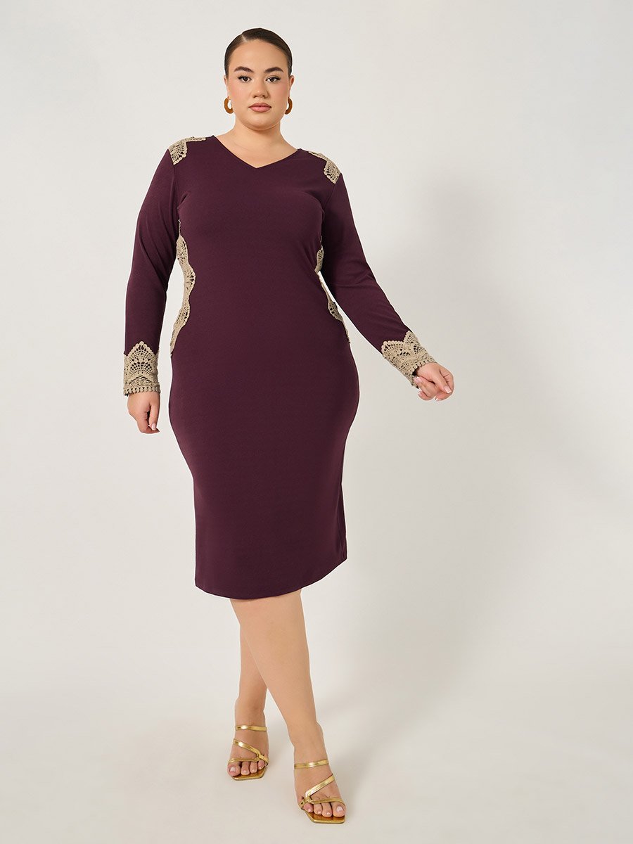 Plus Size Lace Insert V Neck Bodycon Midi Dress