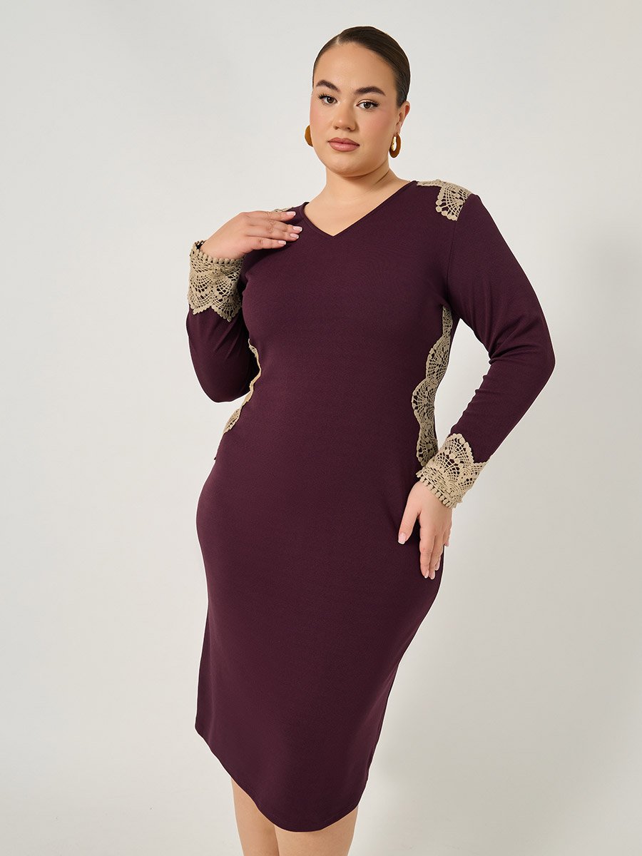 Plus Size Lace Insert V Neck Bodycon Midi Dress