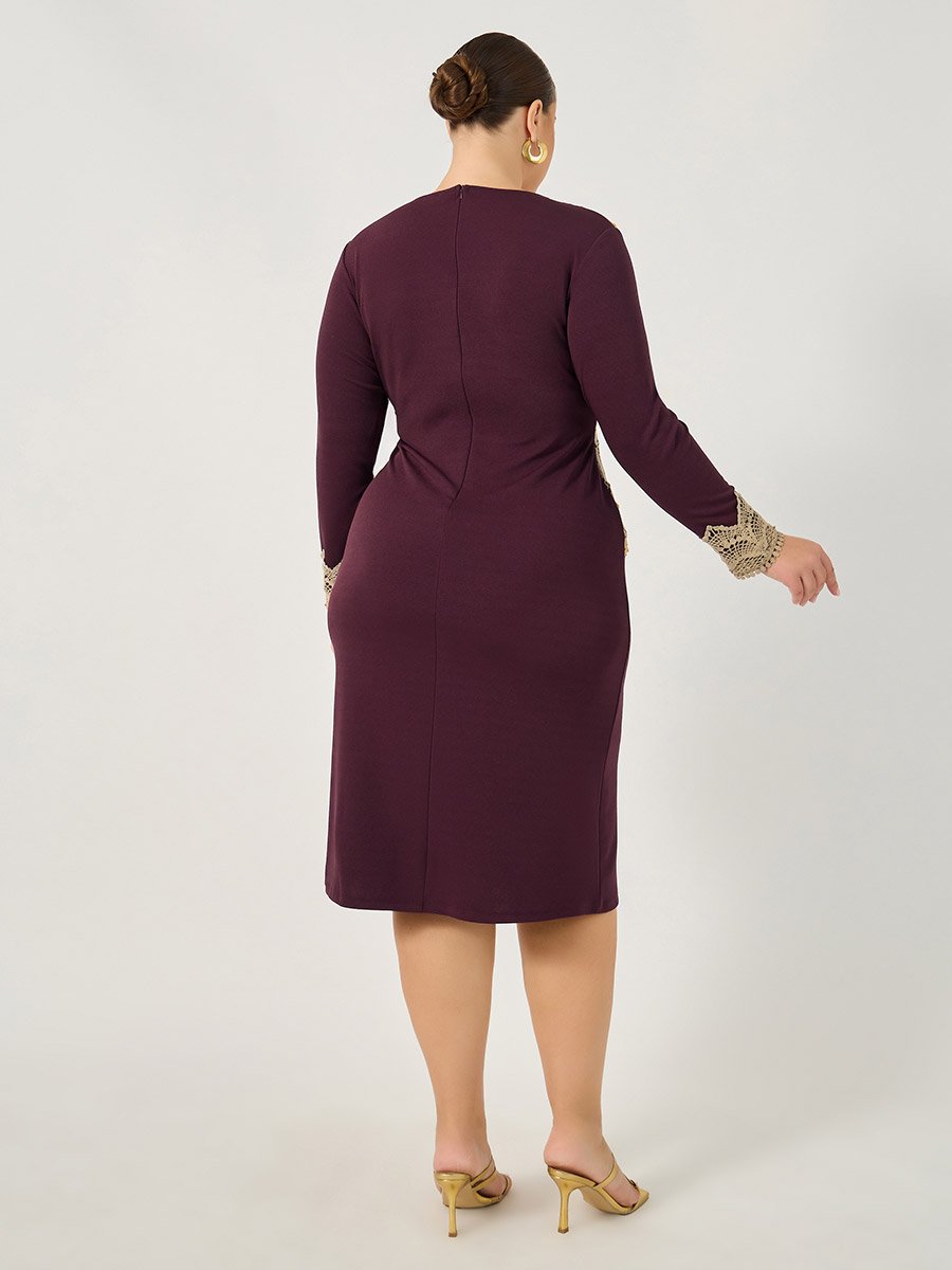 Plus Size Lace Insert V Neck Bodycon Midi Dress