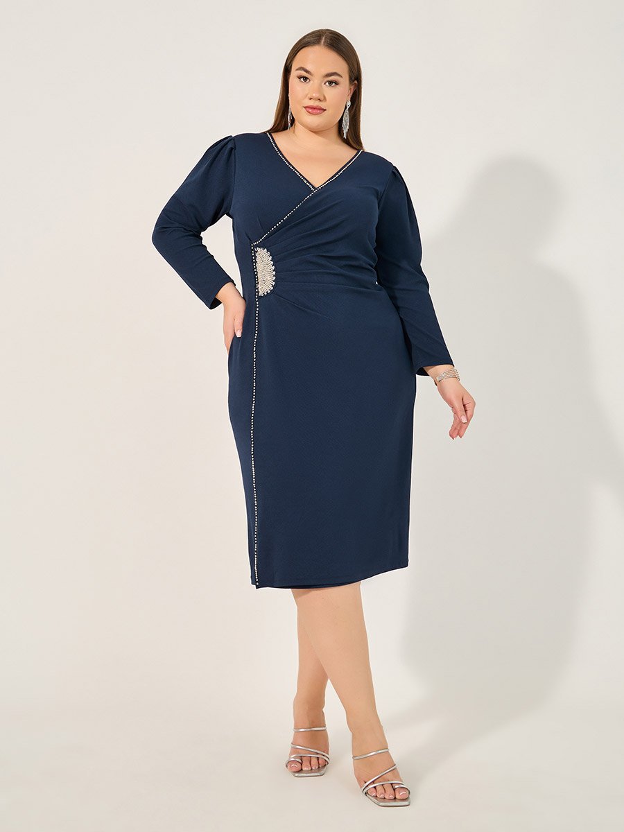Plus Size Embellished Wrap Look Sheath Midi Dress