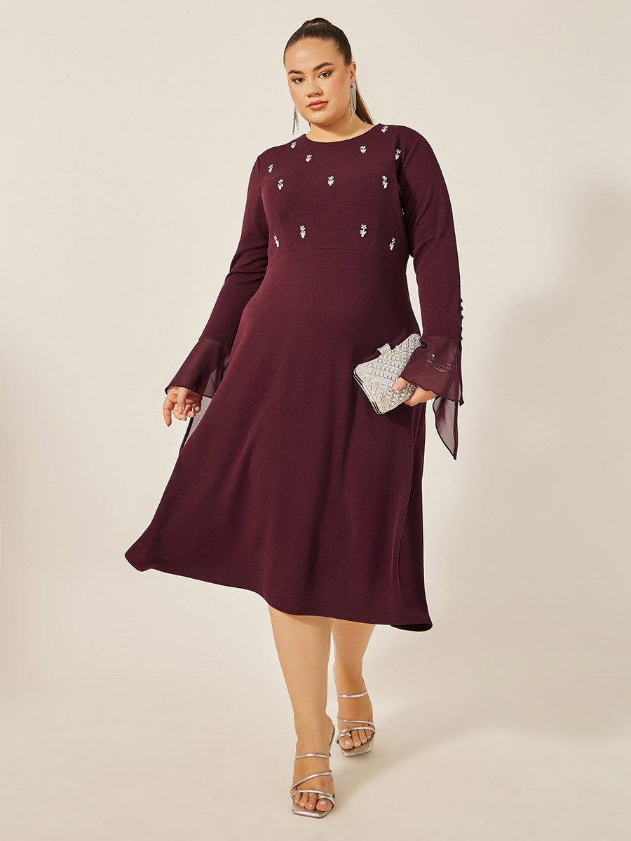 Plus Size Embellished Long Sleeves A-Line Midi Dress