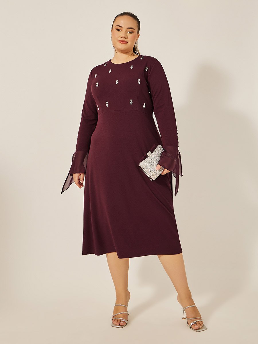 Plus Size Embellished Long Sleeves A-Line Midi Dress