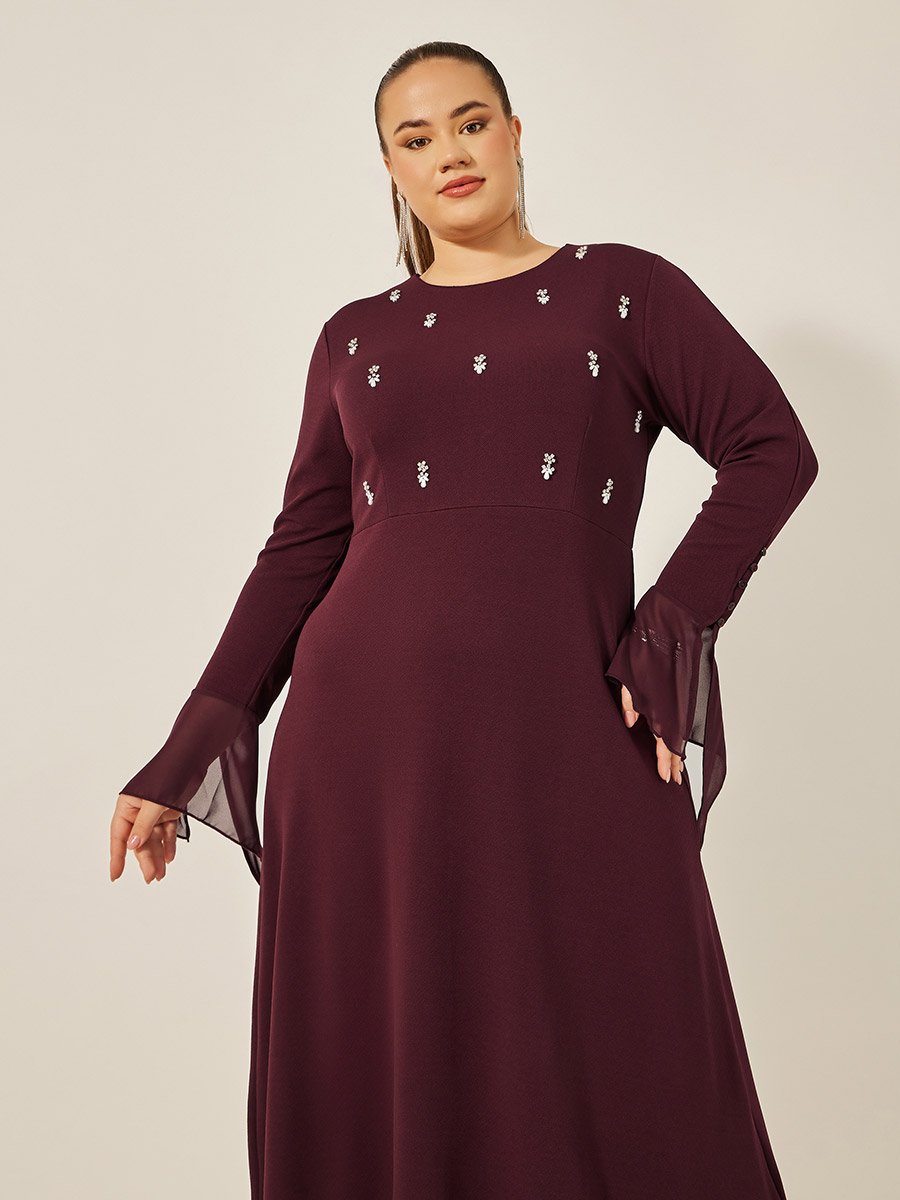 Plus Size Embellished Long Sleeves A-Line Midi Dress