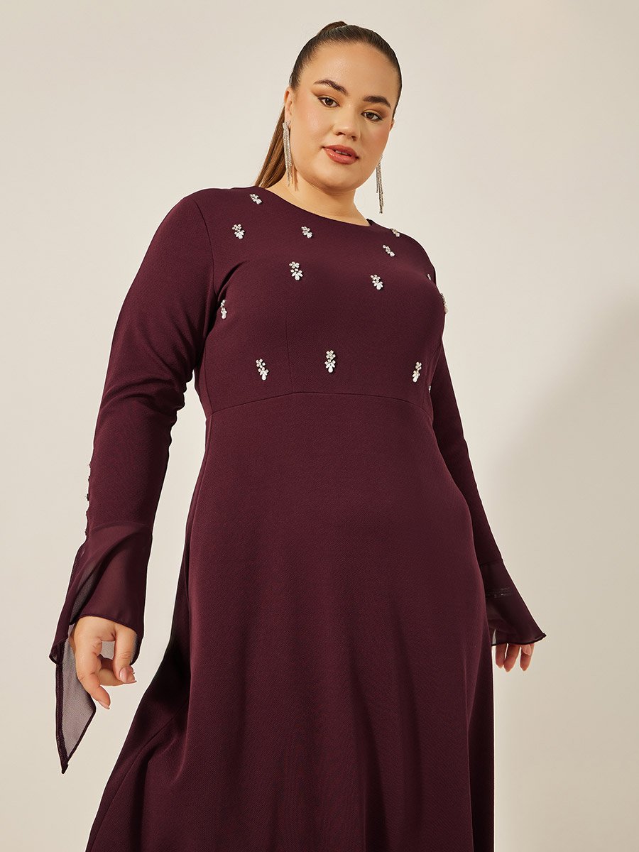 Plus Size Embellished Long Sleeves A-Line Midi Dress