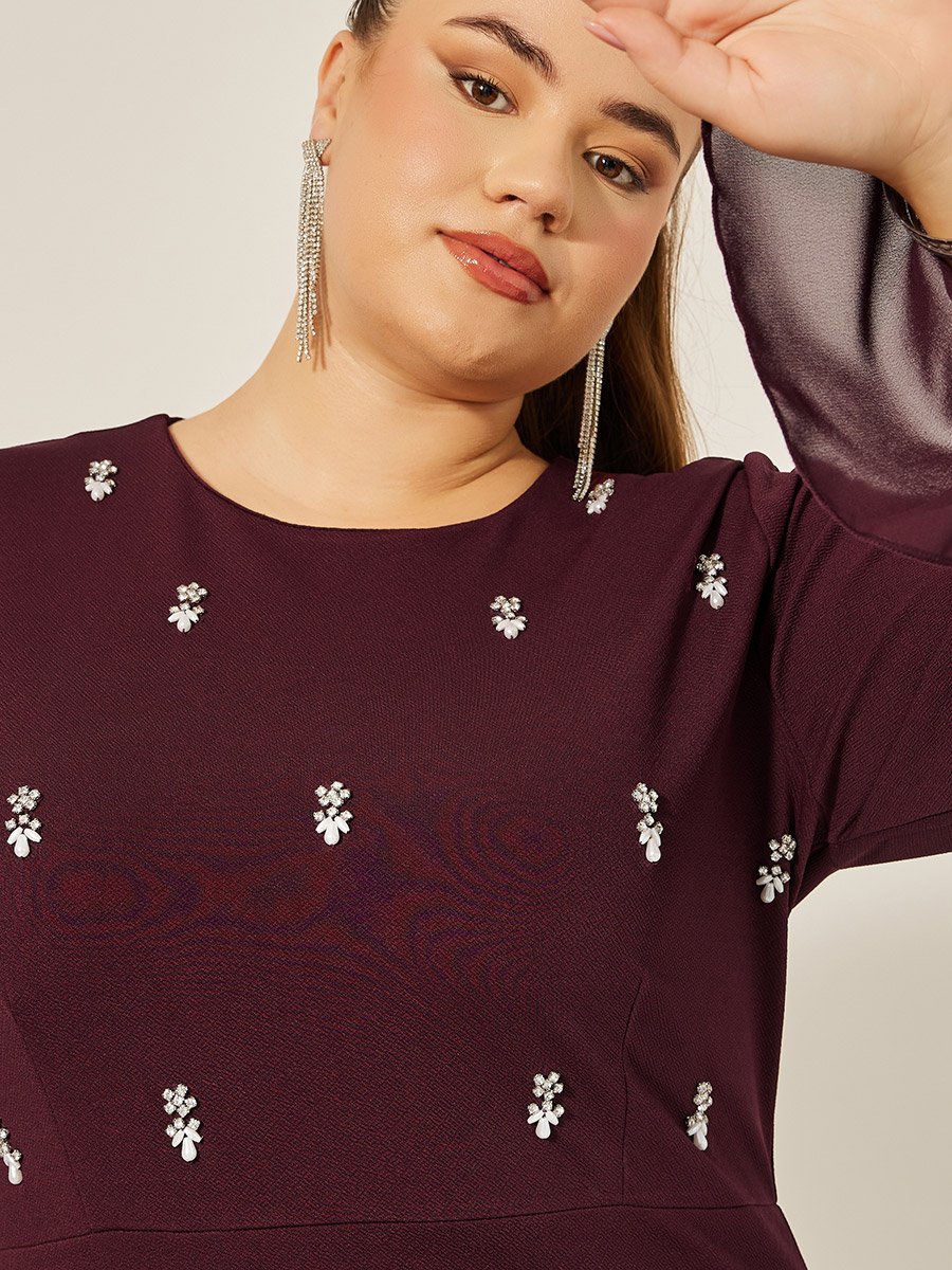 Plus Size Embellished Long Sleeves A-Line Midi Dress