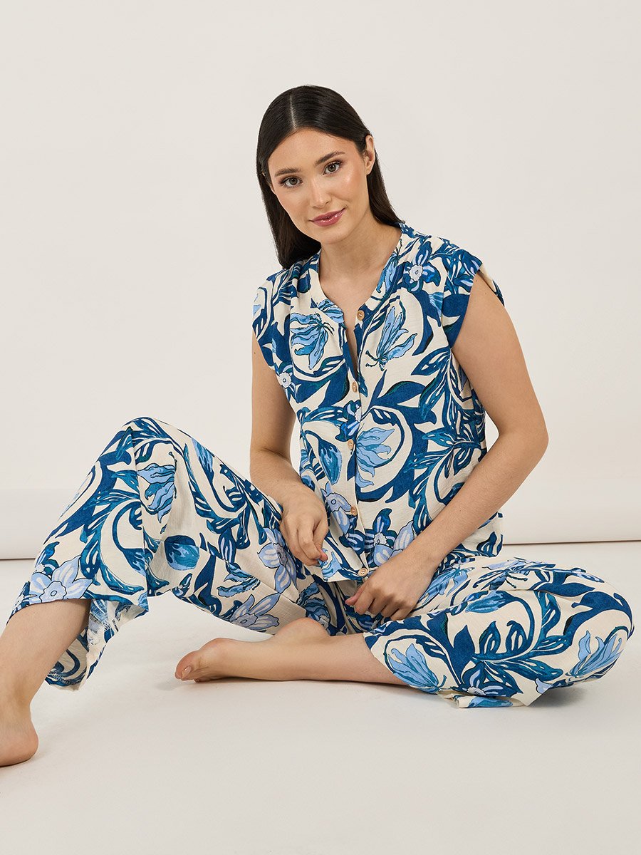 All Over Floral Print Viscose Shirt and Pyjama Set