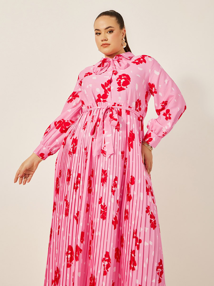 Plus Size Floral Print Pleated A-Line Maxi Dress