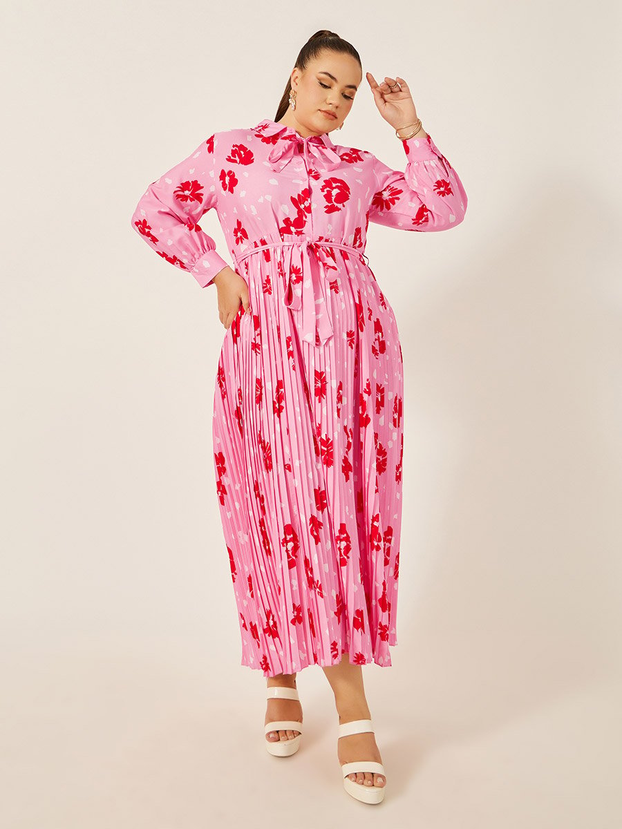Plus Size Floral Print Pleated A-Line Maxi Dress