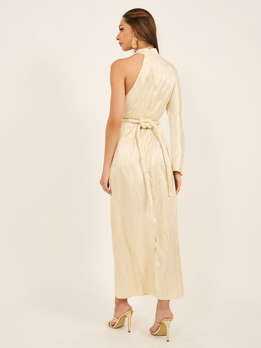 Jacquard One Sleeves Maxi Dress with Self Tie Belt