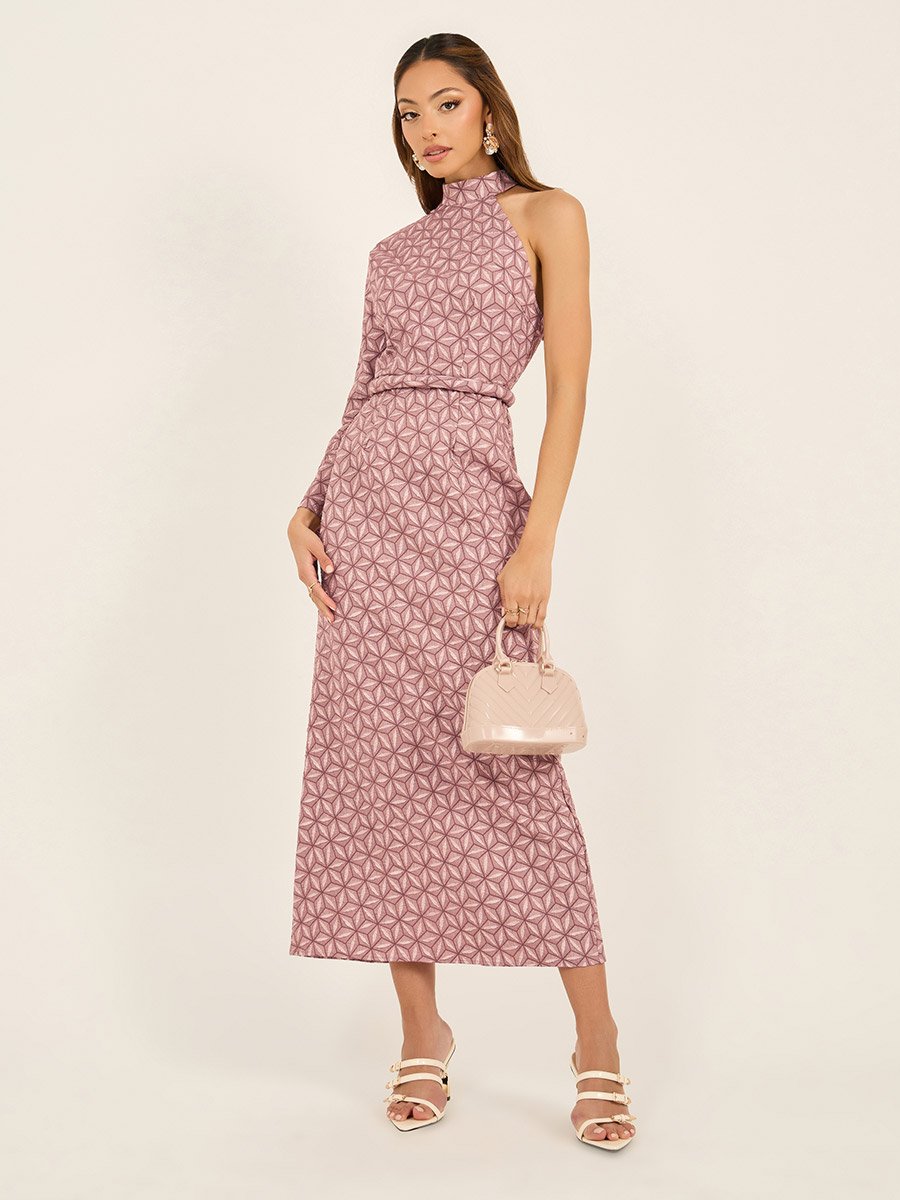 Jacquard One Sleeves Maxi Dress with Self Tie Belt