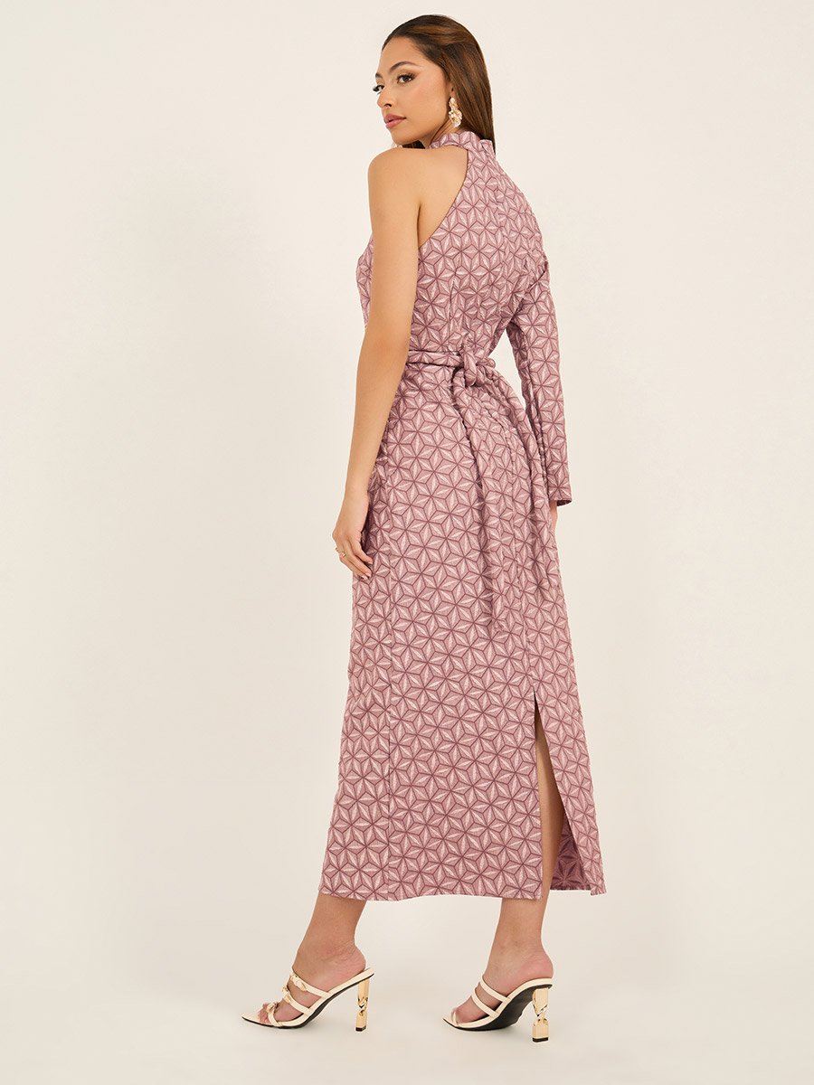 Jacquard One Sleeves Maxi Dress with Self Tie Belt
