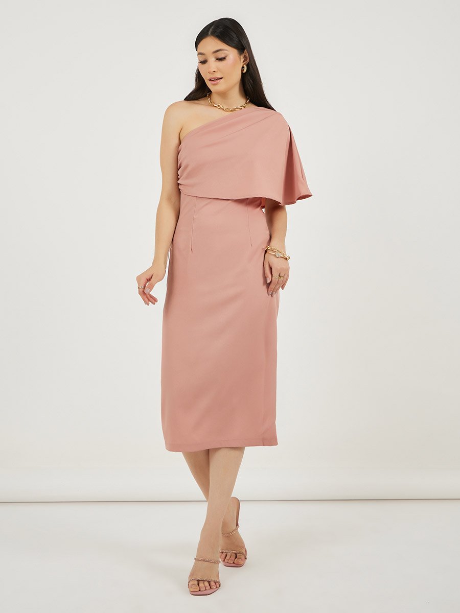 One Shoulder Neck Sheath Midi Dress
