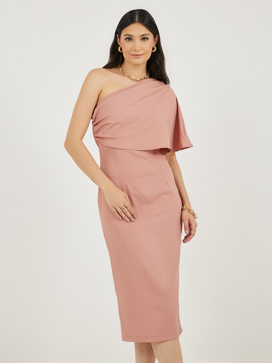 One Shoulder Neck Sheath Midi Dress