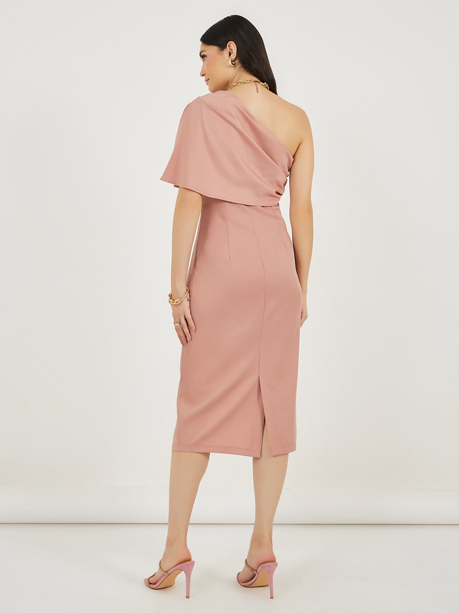 One Shoulder Neck Sheath Midi Dress