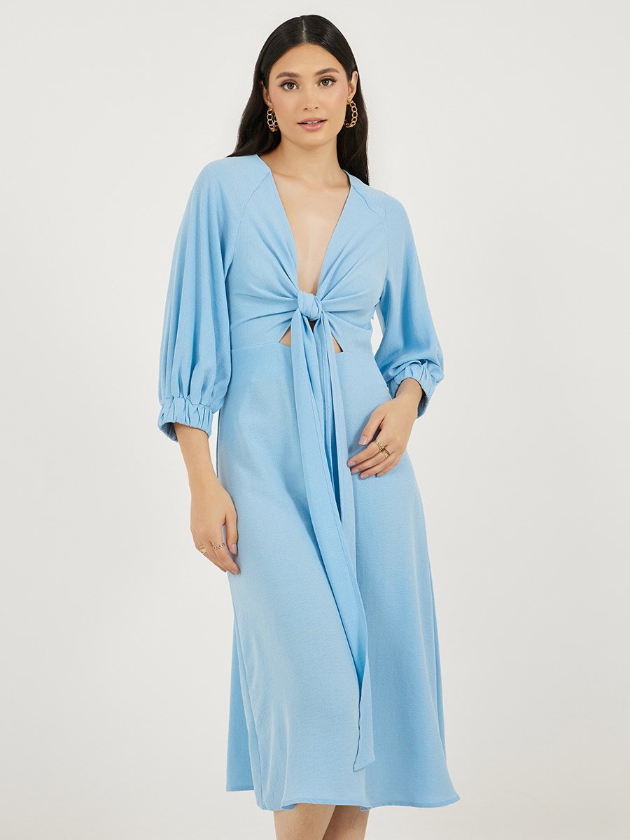 Deep V Neck A-Line Midi Dress with Tie Up Detail