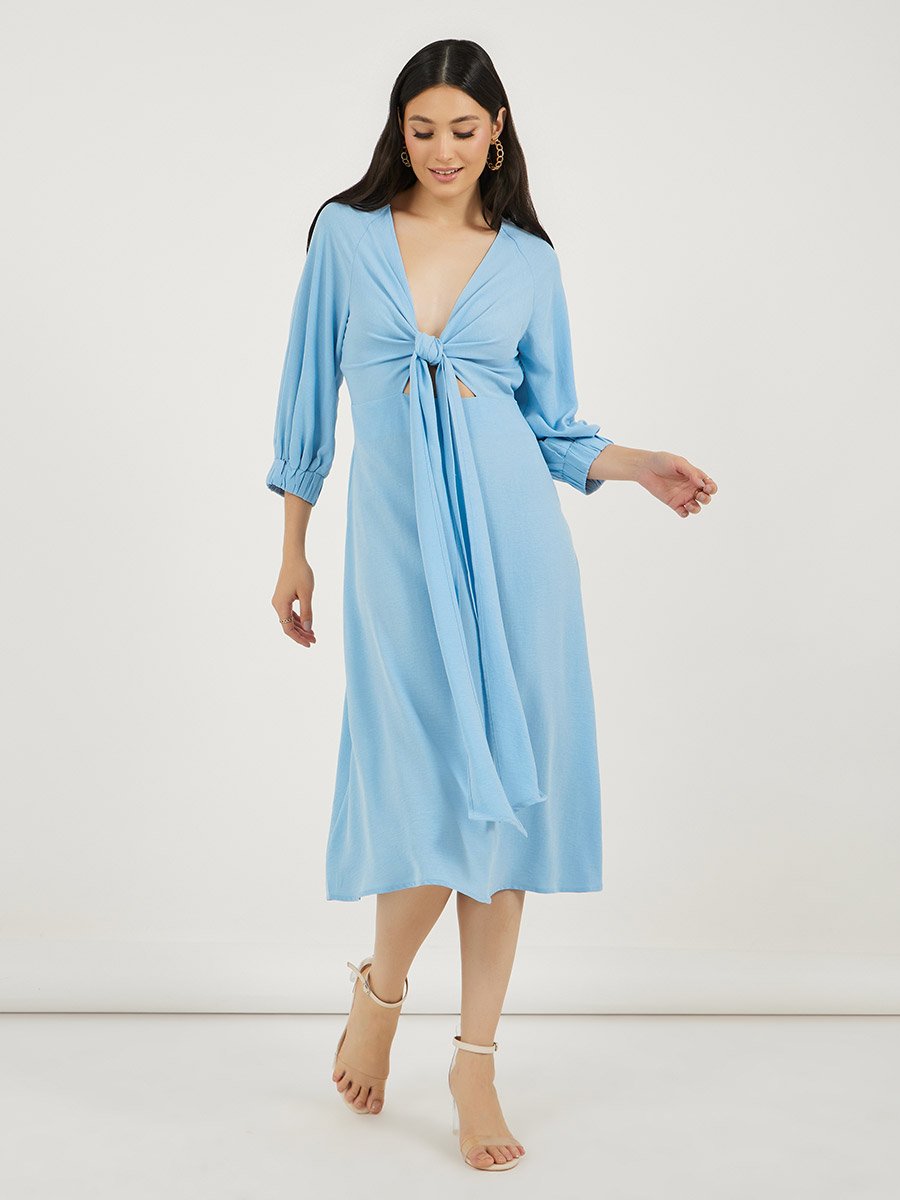 Deep V Neck A-Line Midi Dress with Tie Up Detail