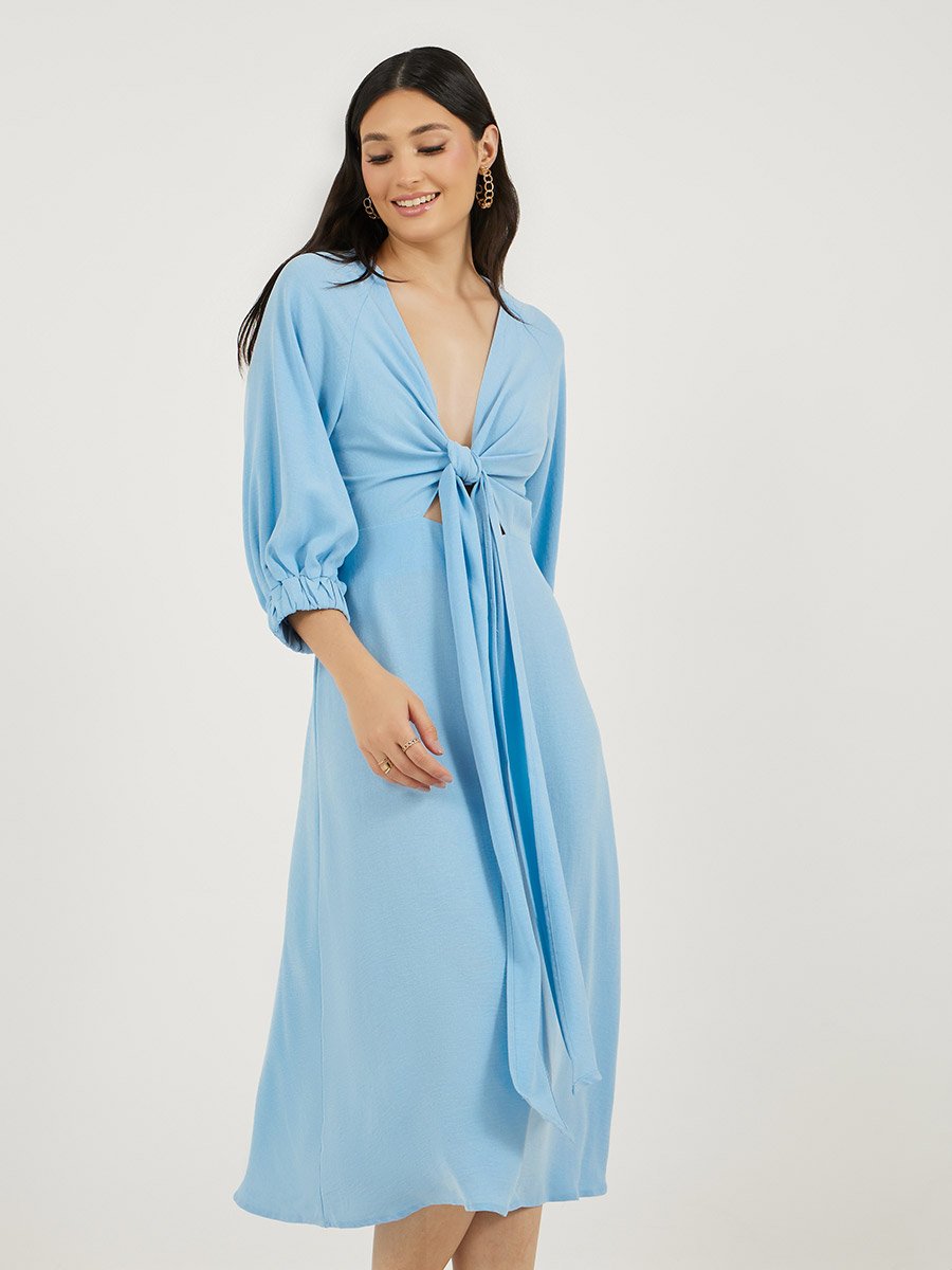 Deep V Neck A-Line Midi Dress with Tie Up Detail
