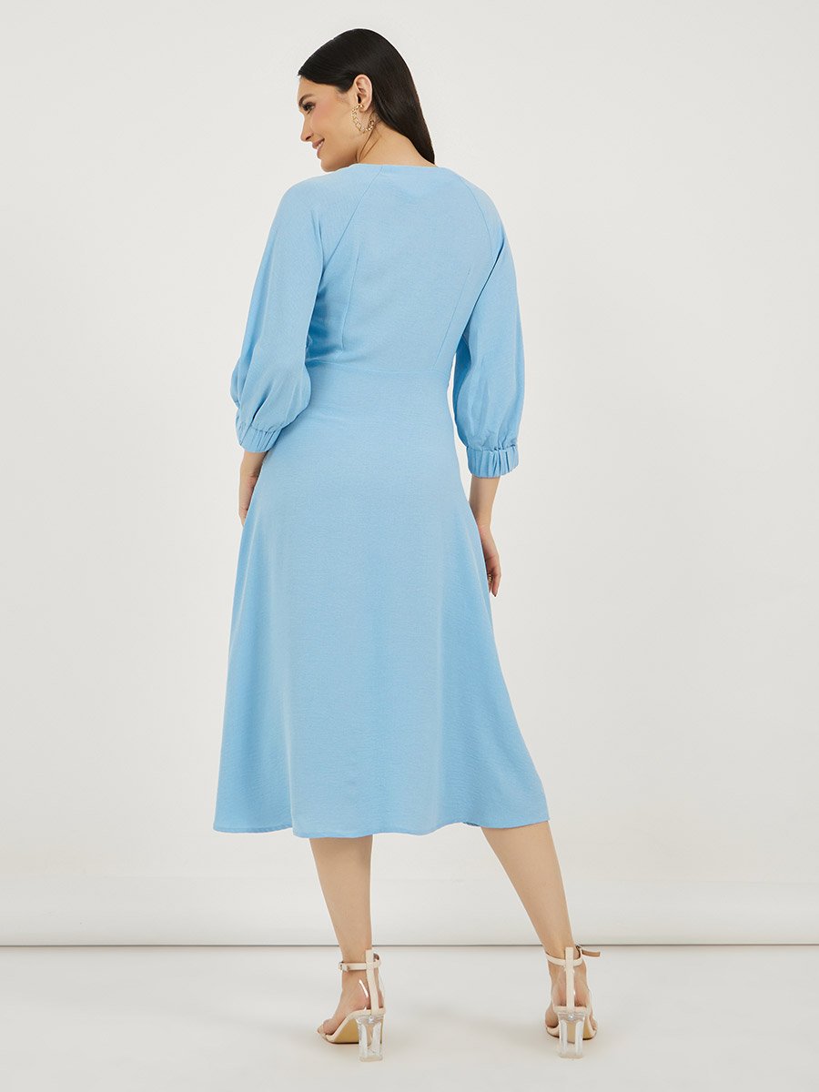 Deep V Neck A-Line Midi Dress with Tie Up Detail