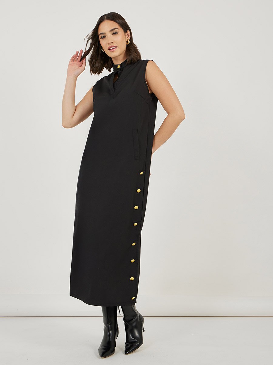 Sleeveless Shift Maxi Dress with Button Detail