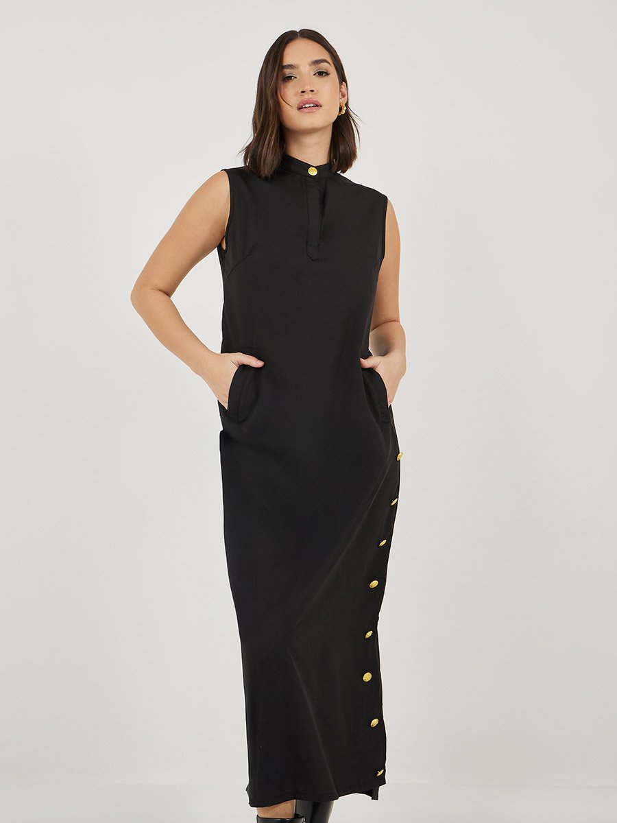 Sleeveless Shift Maxi Dress with Button Detail