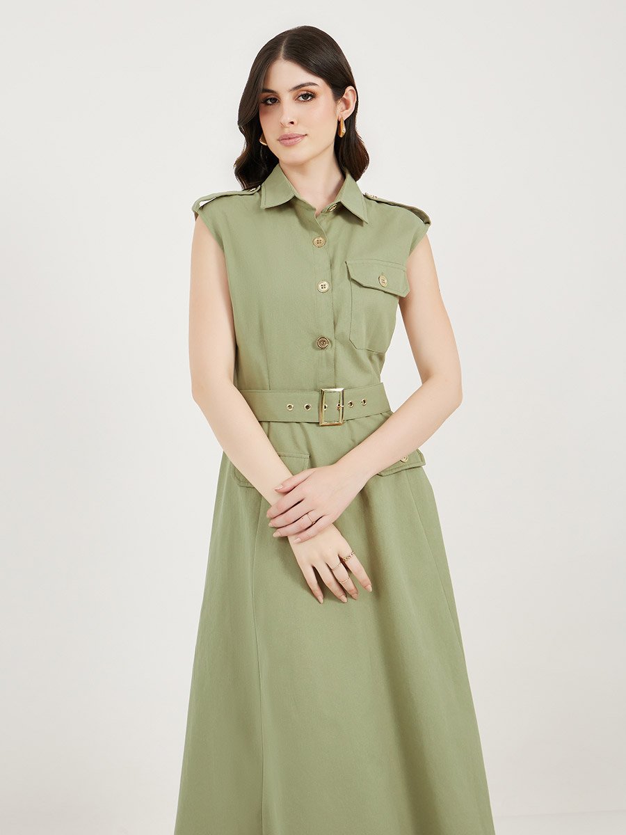 Belted Shirt Midi Dress with Mock Flap Pocket