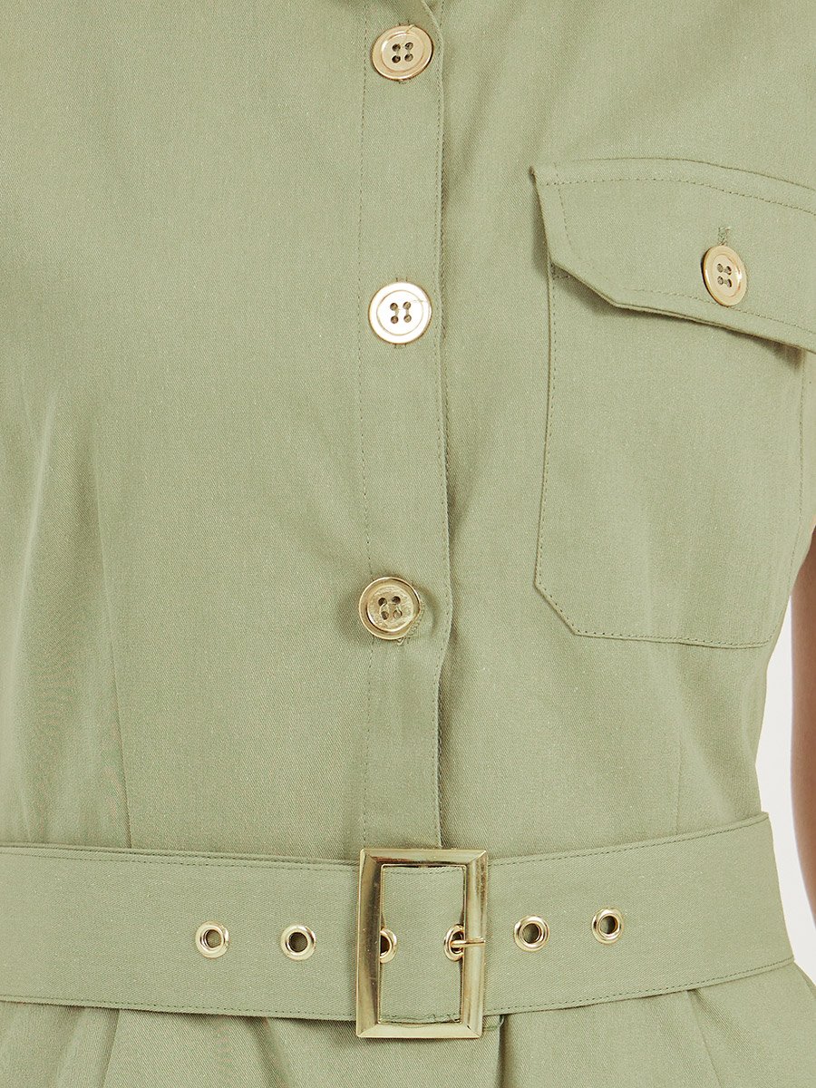 Belted Shirt Midi Dress with Mock Flap Pocket