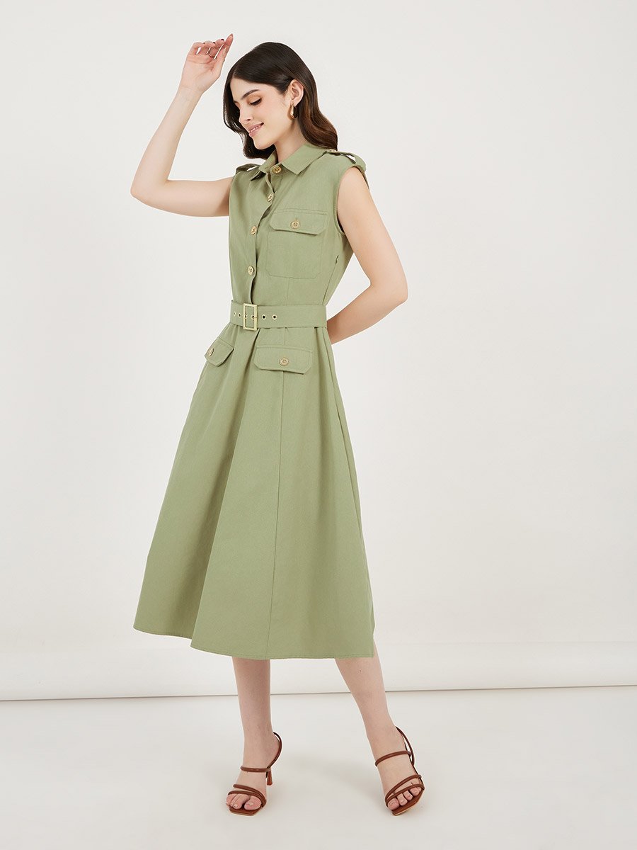 Belted Shirt Midi Dress with Mock Flap Pocket