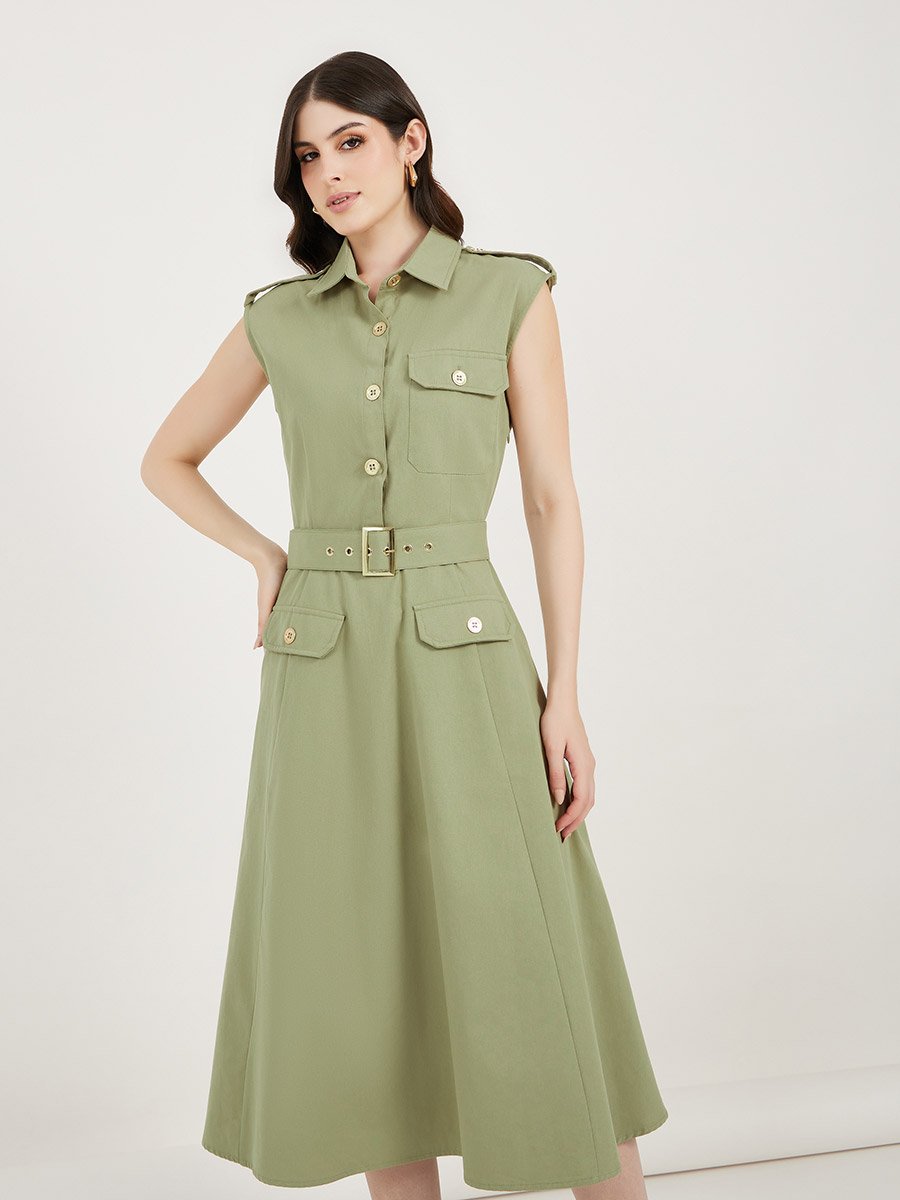 Belted Shirt Midi Dress with Mock Flap Pocket