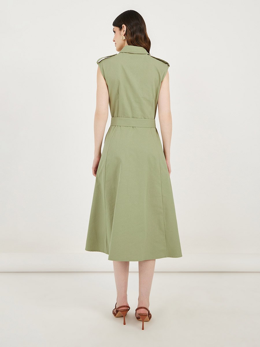 Belted Shirt Midi Dress with Mock Flap Pocket
