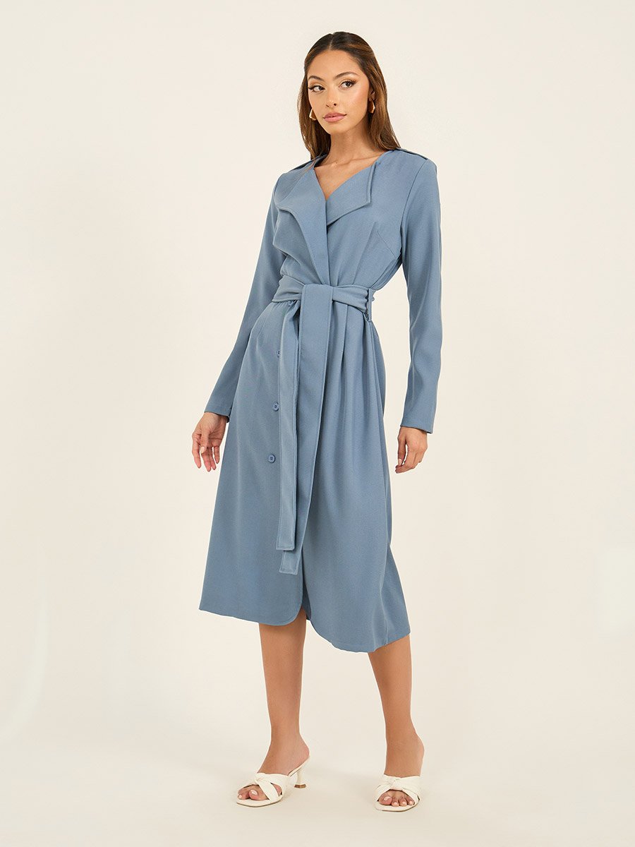 Solid Long Sleeves Blazer Belted Midi Dress