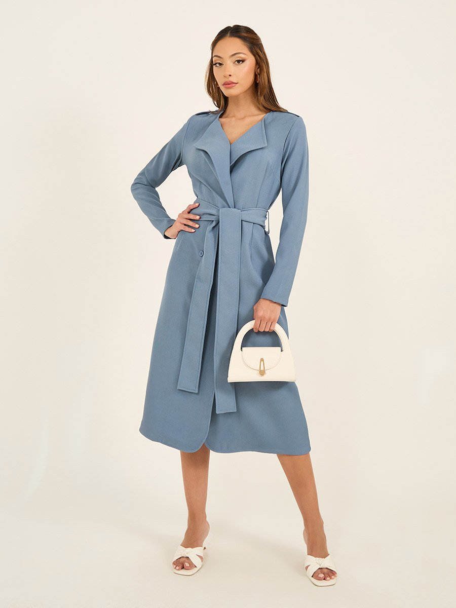 Solid Long Sleeves Blazer Belted Midi Dress