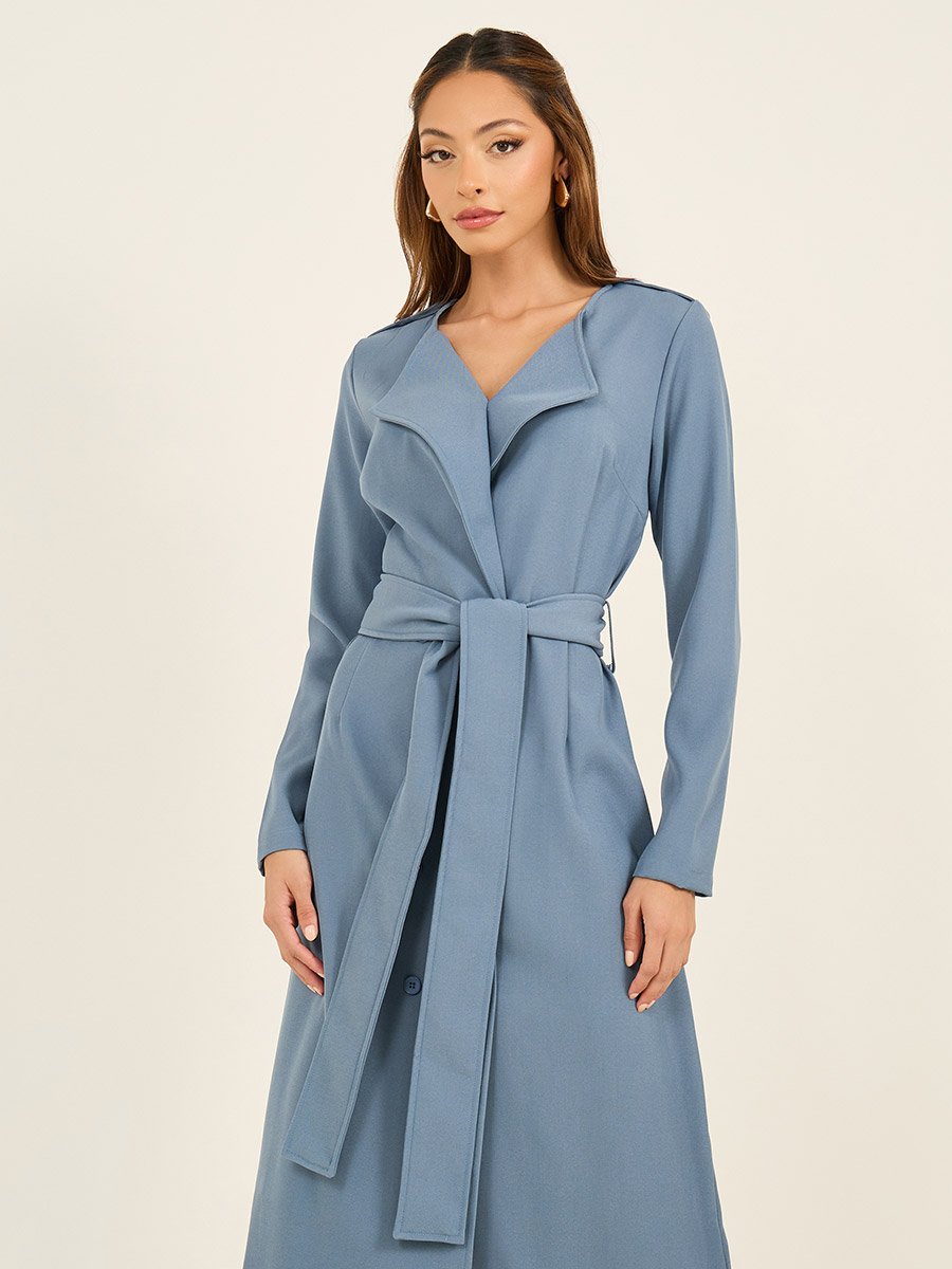 Solid Long Sleeves Blazer Belted Midi Dress