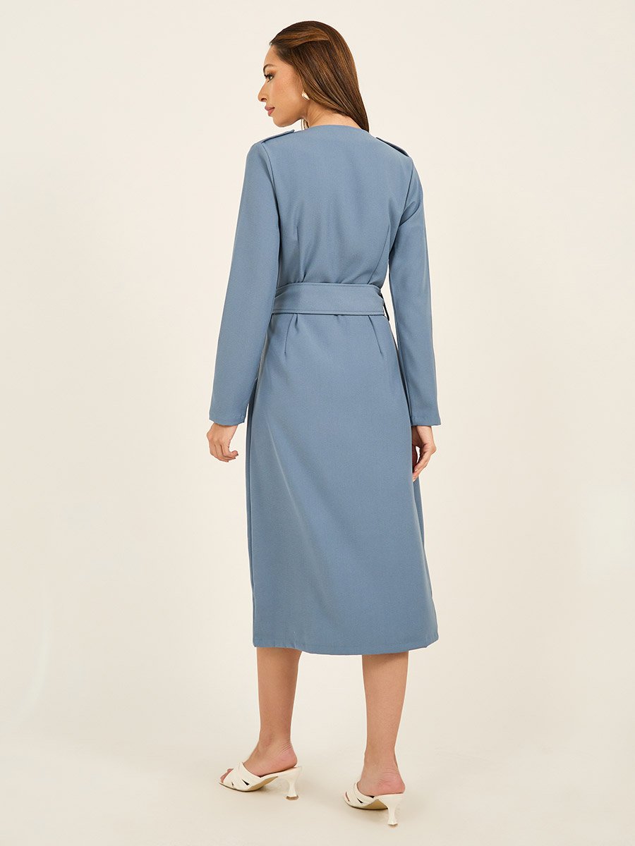 Solid Long Sleeves Blazer Belted Midi Dress