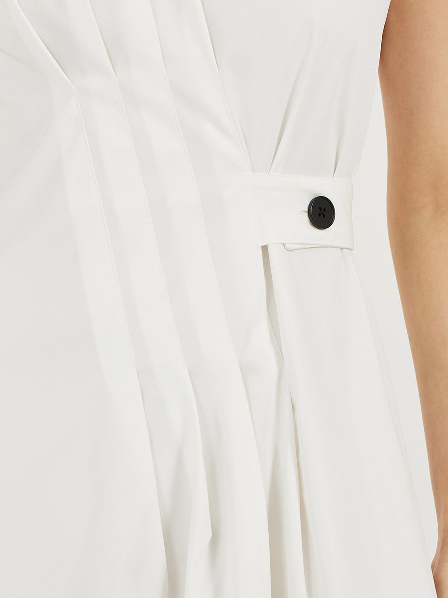 Pleated Front Sleeveless A-Line Midi Dress