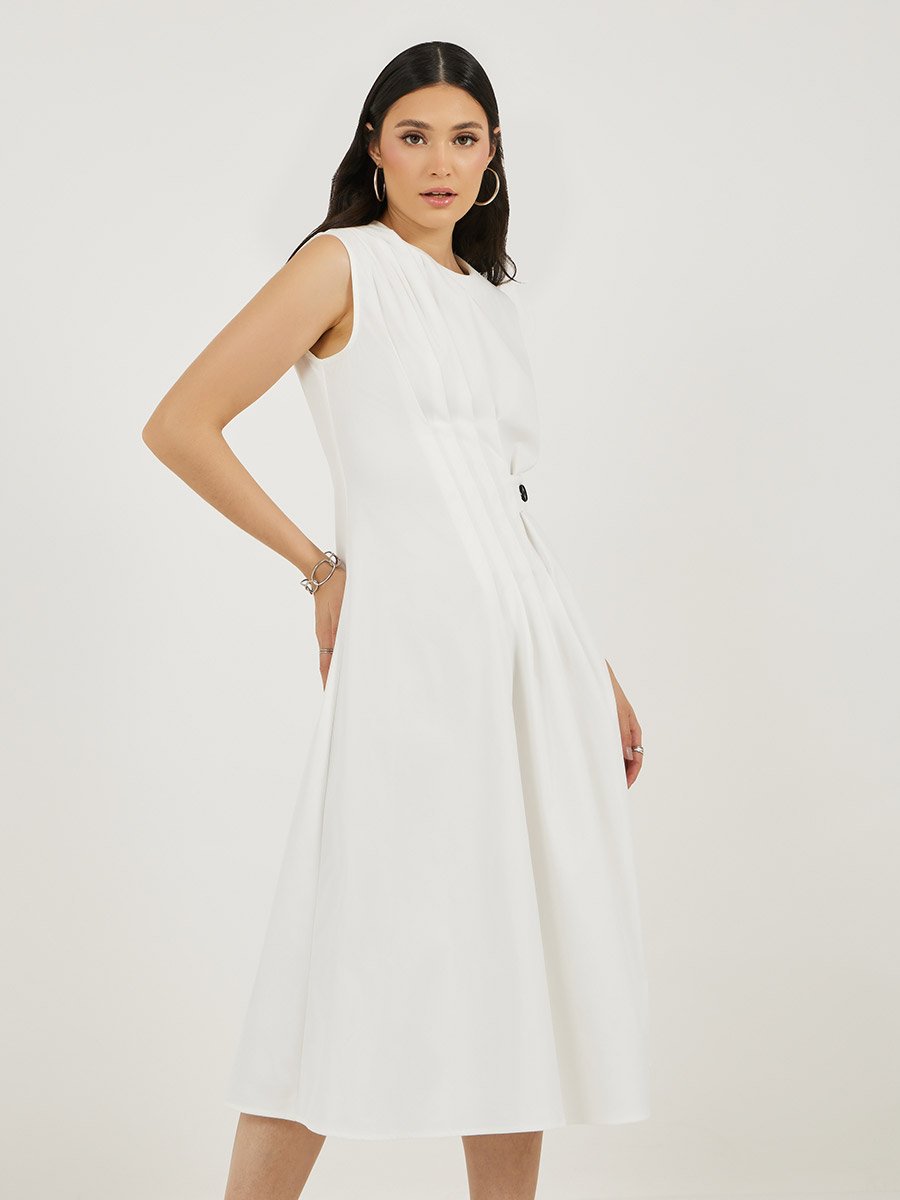 Pleated Front Sleeveless A-Line Midi Dress