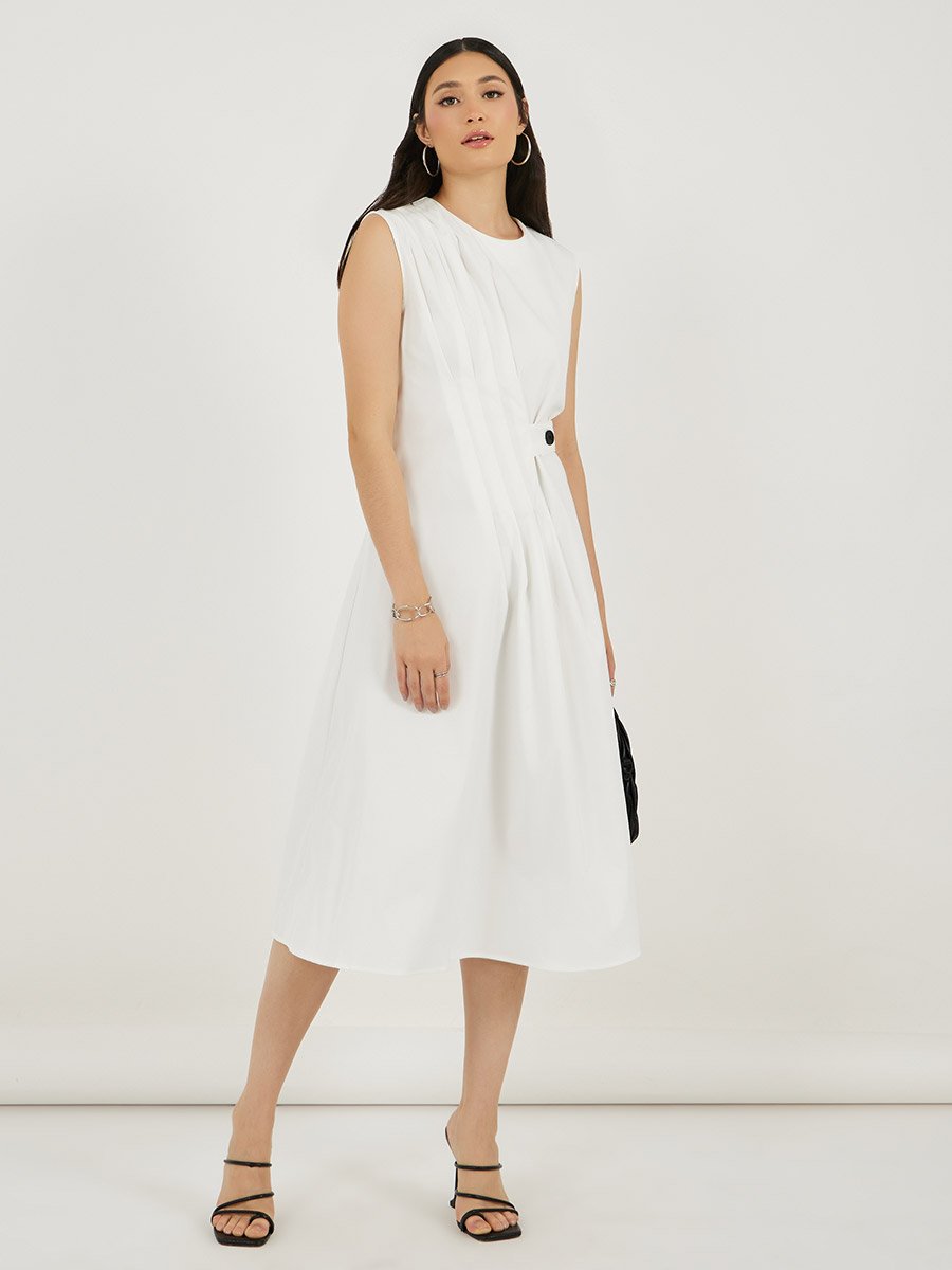 Pleated Front Sleeveless A-Line Midi Dress