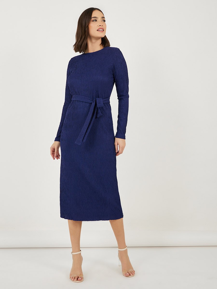 Textured Bodycon Midi Dress with Tie-Belt