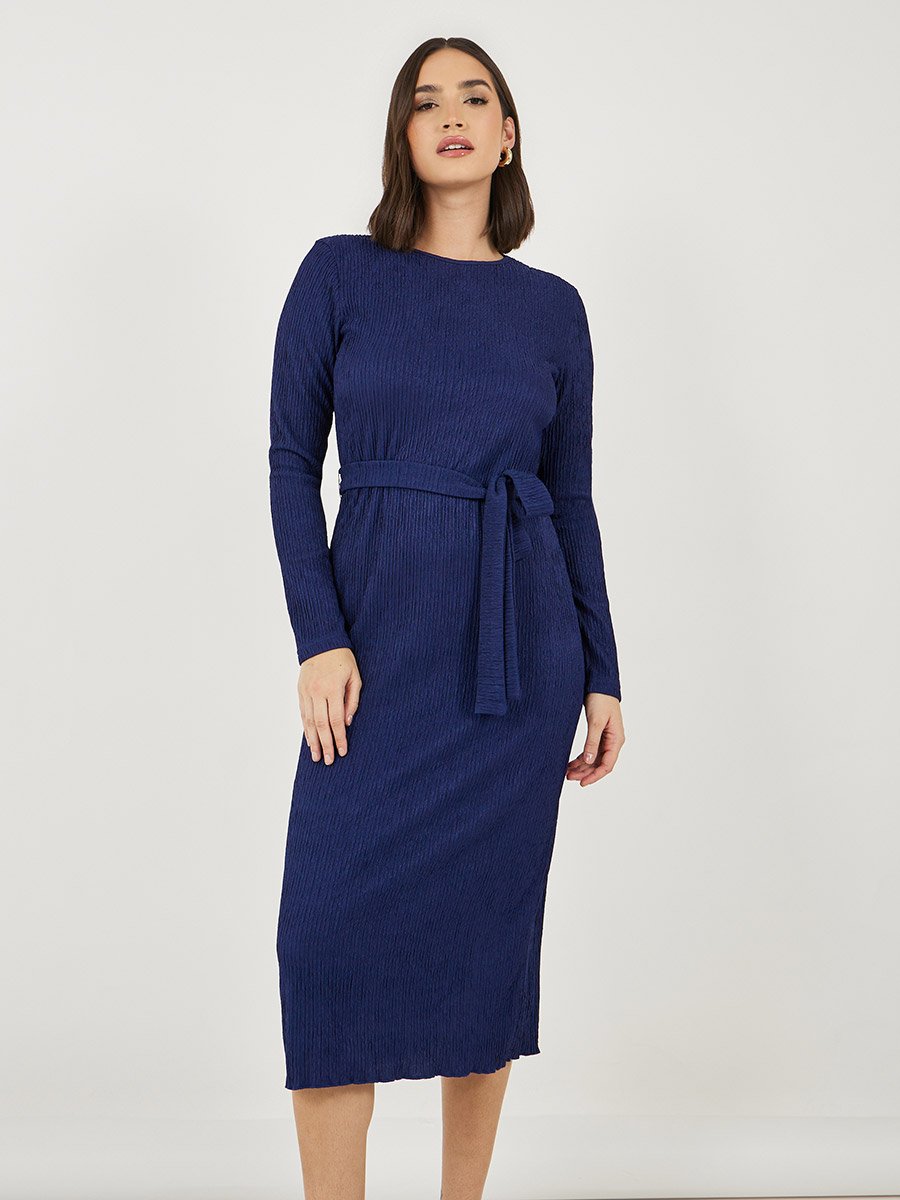 Textured Bodycon Midi Dress with Tie-Belt