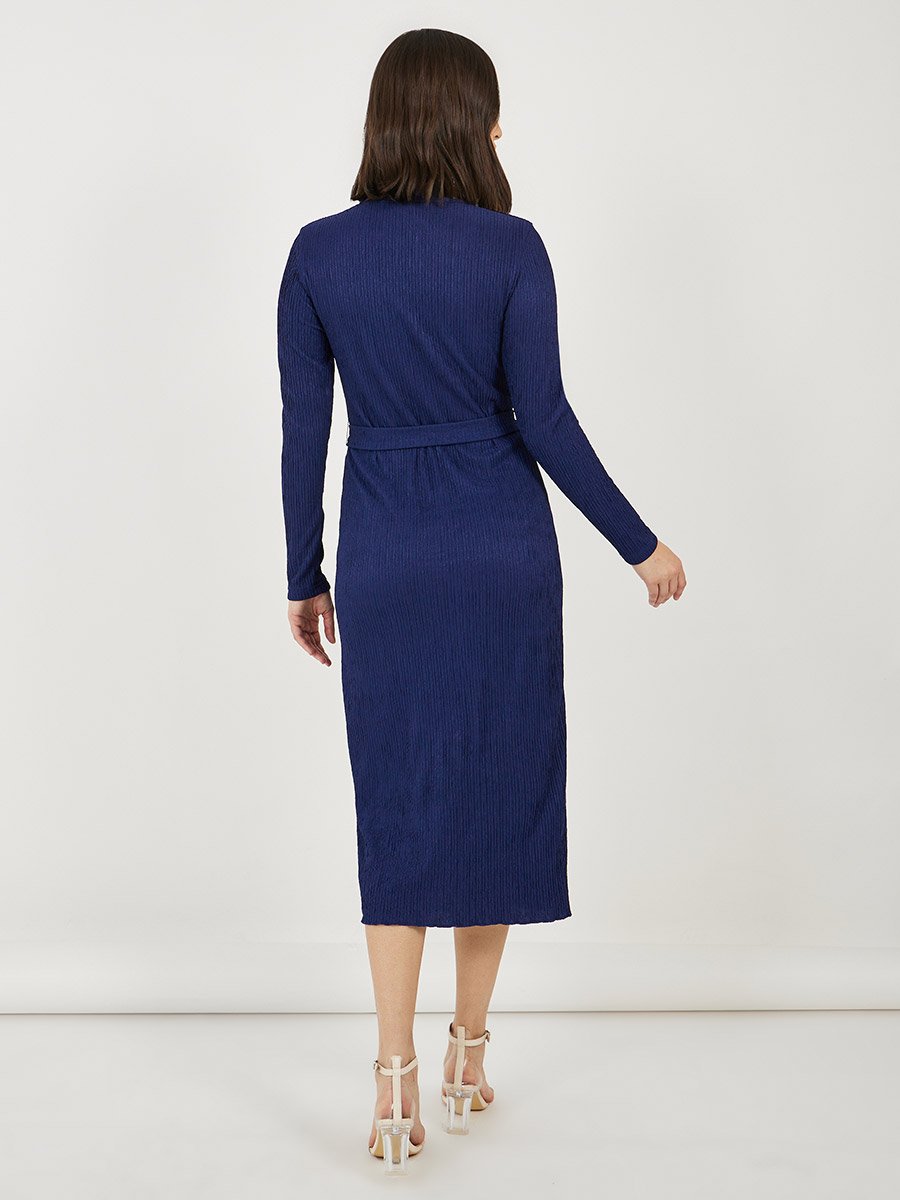 Textured Bodycon Midi Dress with Tie-Belt