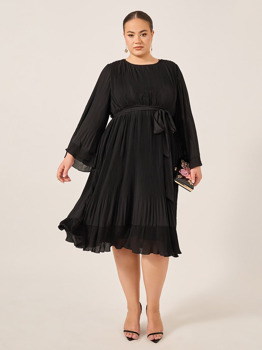 Plus Size Pleated Tie-Waist A-Line Midi Dress